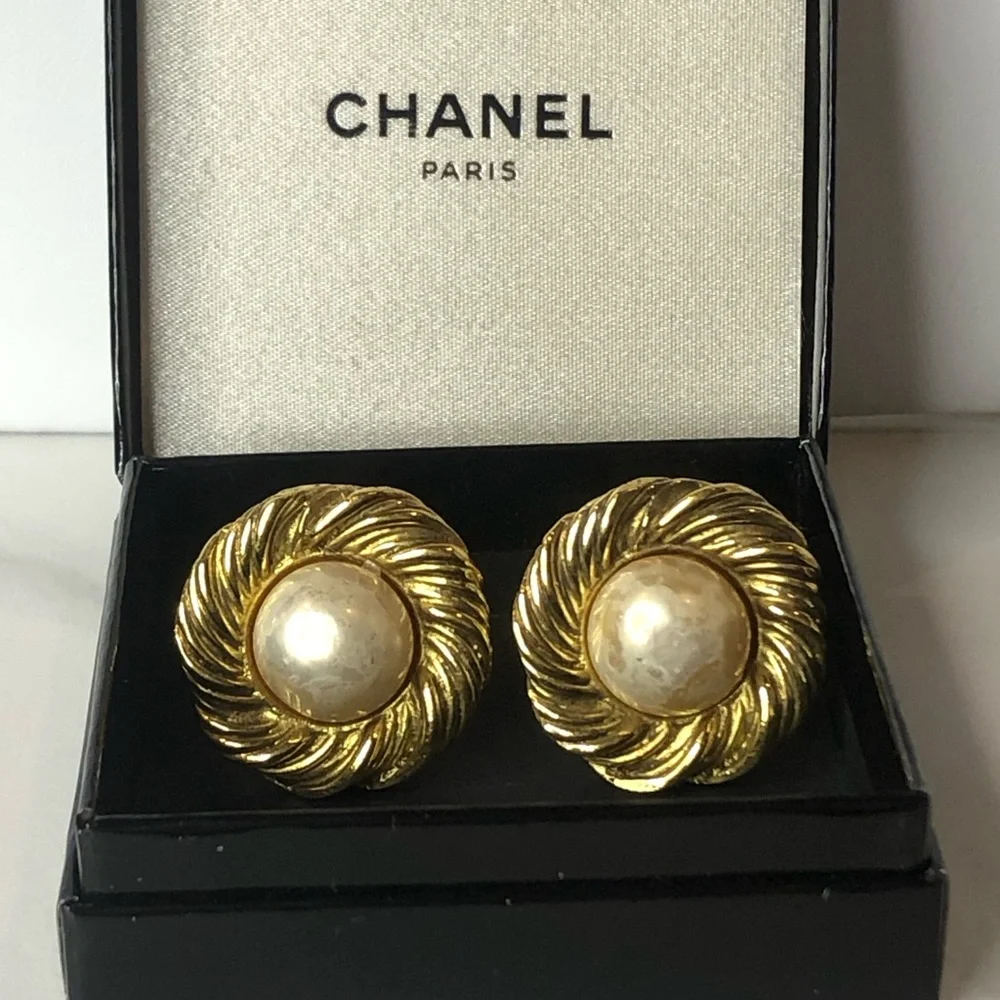 CHANEL 24k Gold Plated and Faux Pearl Earrings w/ BOX